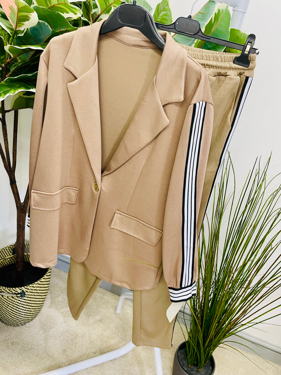 LADIES SPORTS LUXE STRAIGHT LEG TROUSER CO ORD SET - BLACK, BEIGE & BROWN