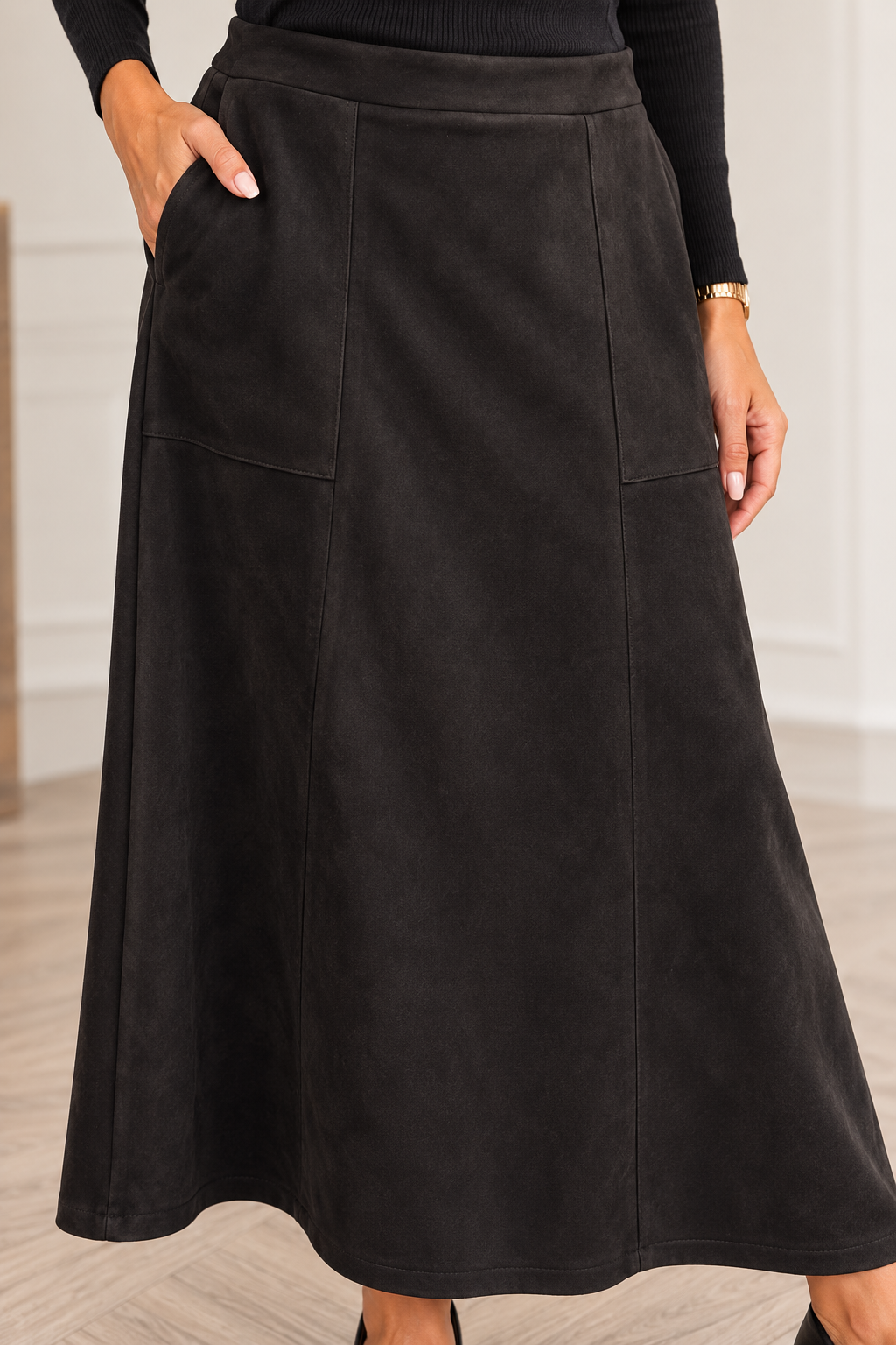 Womens fashion faux suede A line maxi skirt - black, camel & brown