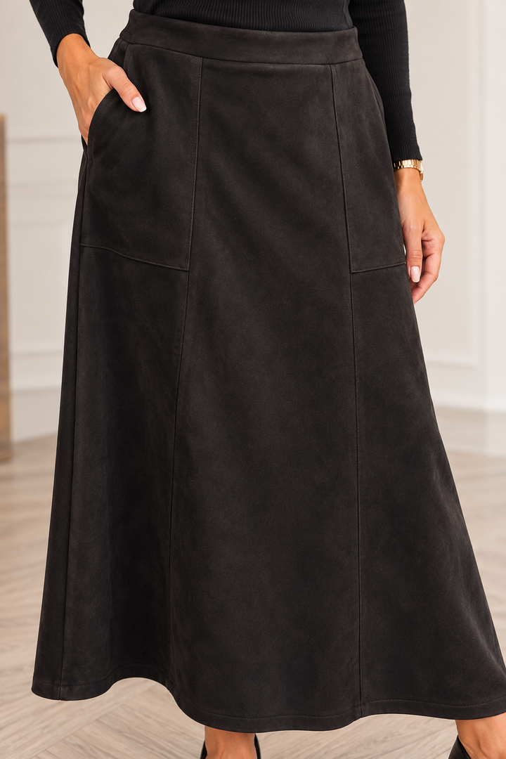 Womens fashion faux suede A line maxi skirt - black, camel & brown