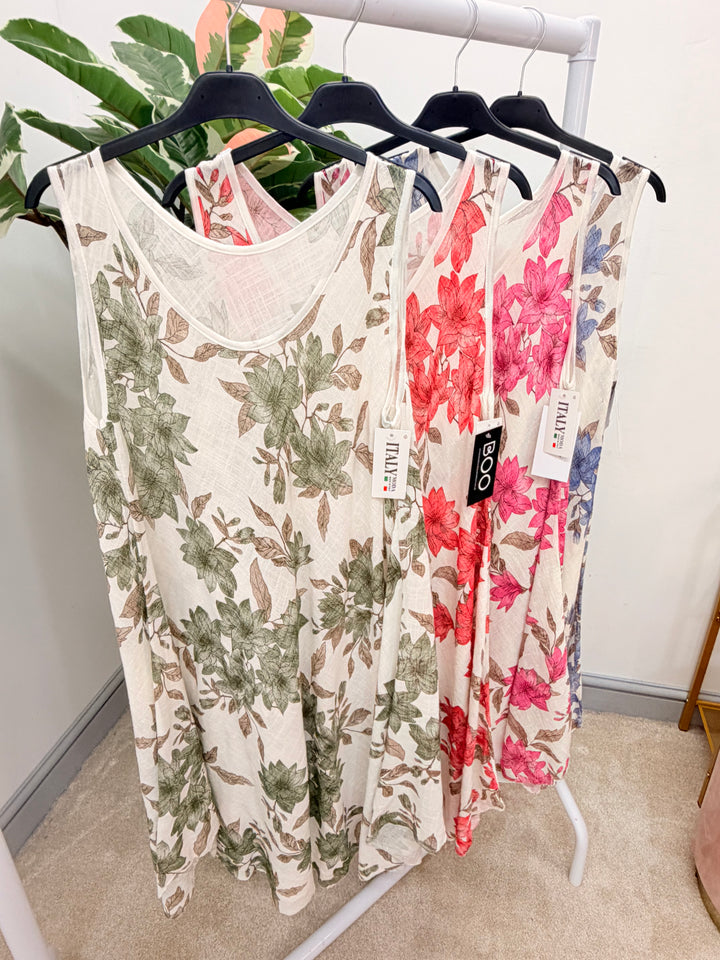 Ladies Flower Print Light Linen Summer Midi Day Dress - Red, Blue, Pink & Khaki