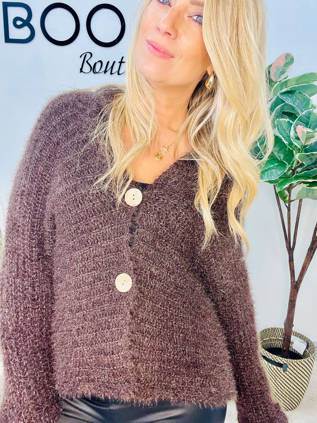 LADIES FLUFFY KNIT CARDIGAN - KHAKI, NAVY, GREY, BLACK, BEIGE, BROWN