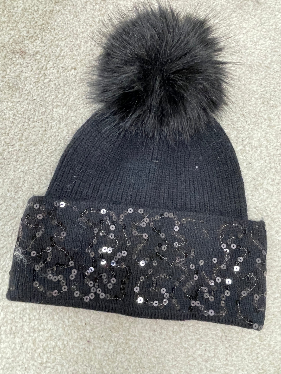 LADIES FAUX FUR DIAMANTE BOBBLE BEANIE HAT - BLACK, WINE, WHITE, BEIGE, BROWN