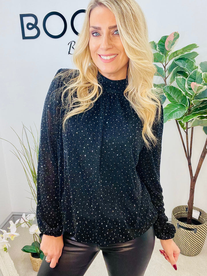 LADIES LUREX BLOUSON HIGH NECK TOP - BLACK & BRONZE