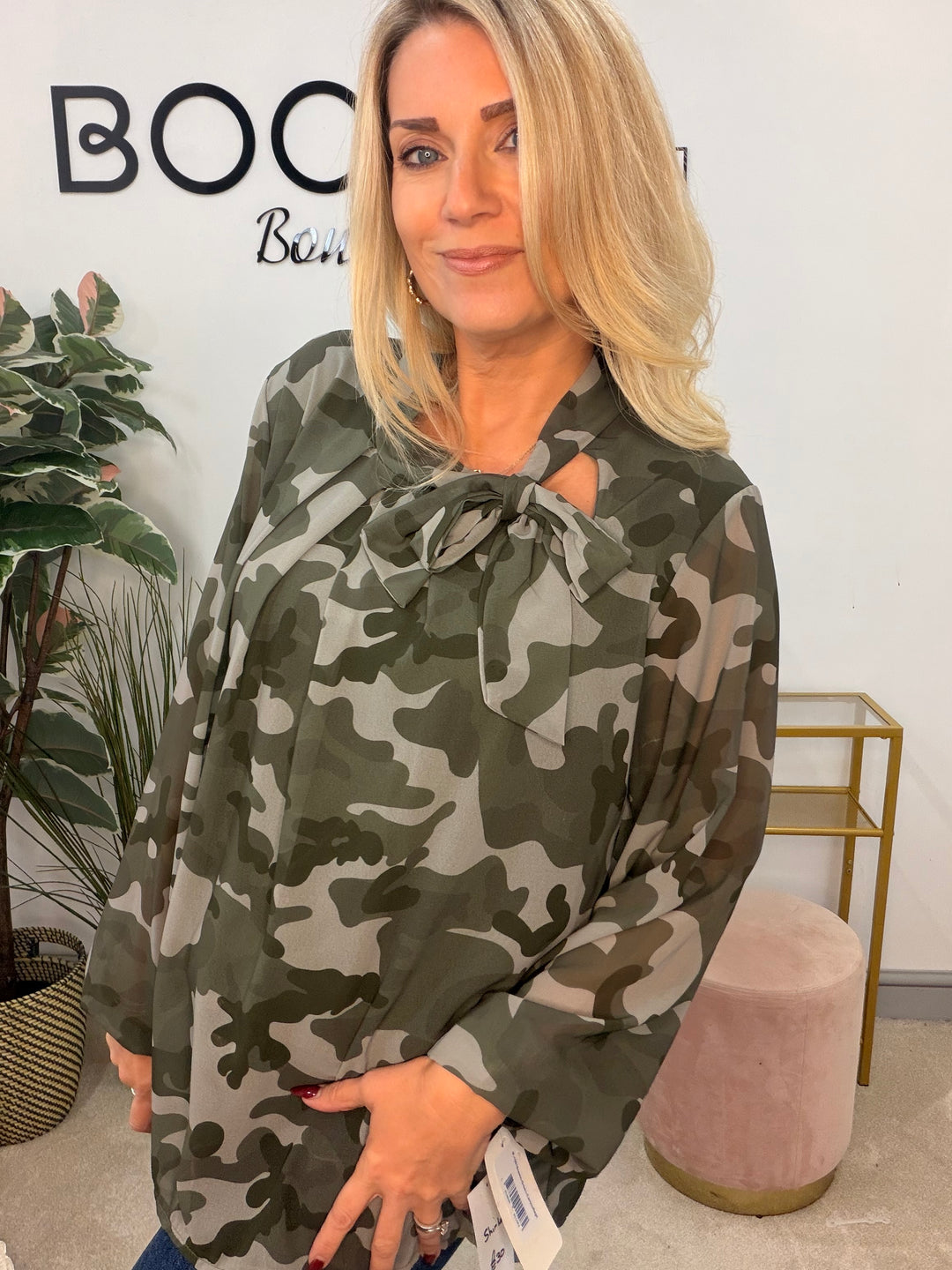Womens sheer chiffon camouflage high neck blouse top