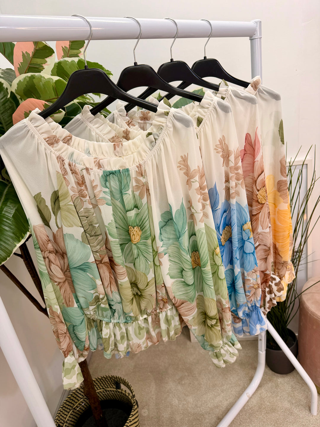 Ladies Fashion Flower Print Bardot Top Blouse - Pink, Lemon, Green & Blue