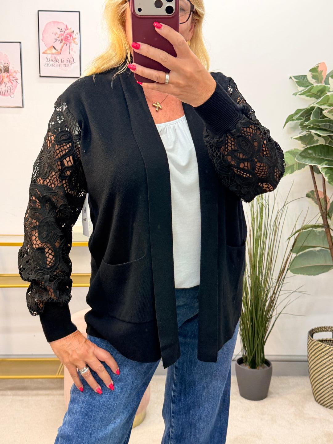 Ladies Crochet Sleeve Longline Cardigan - Black, Brown, Khaki, Wine, Beige & Grey