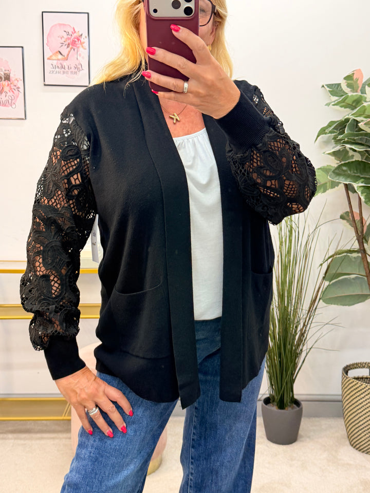 Ladies Crochet Sleeve Longline Cardigan - Black, Brown, Khaki, Wine, Beige & Grey