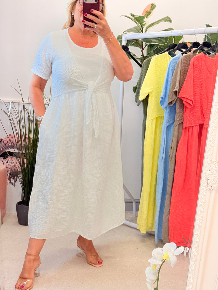 Ladies Cheesecloth Summer Midi Dress - Lemon, Khaki, Coral, White, Lemon, Blue