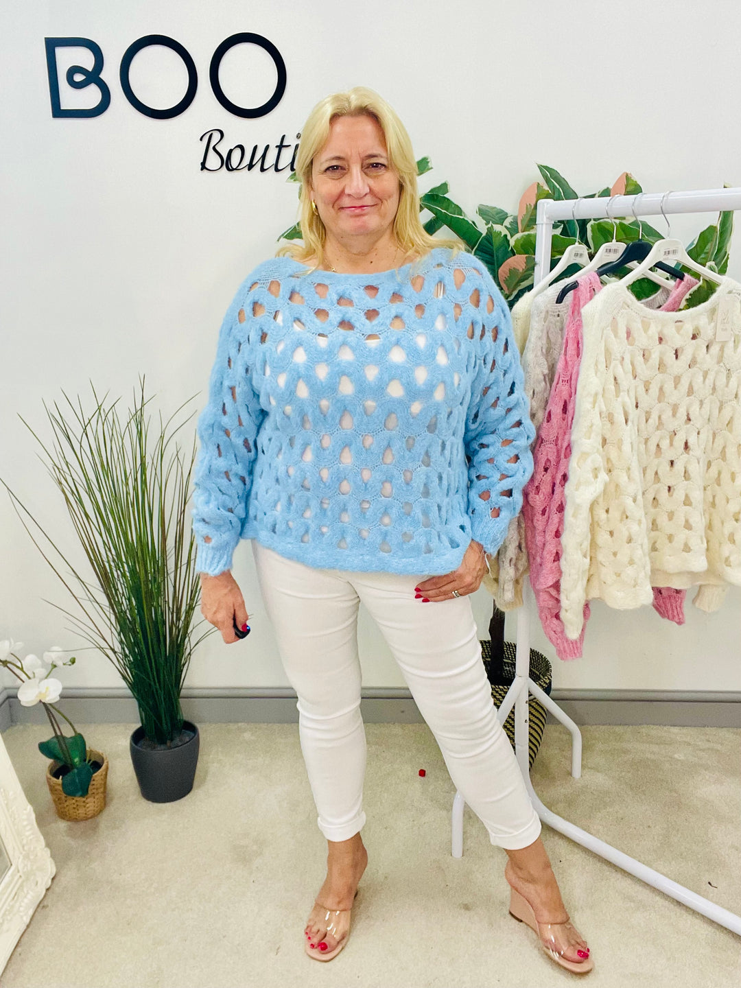 LADIES HOLEY BOX STYLE JUMPER - BLUE, BEIGE, CREAM, PINK & GREY