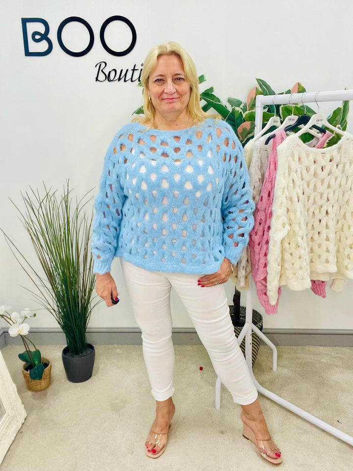 LADIES HOLEY BOX STYLE JUMPER - BLUE, BEIGE, CREAM, PINK & GREY