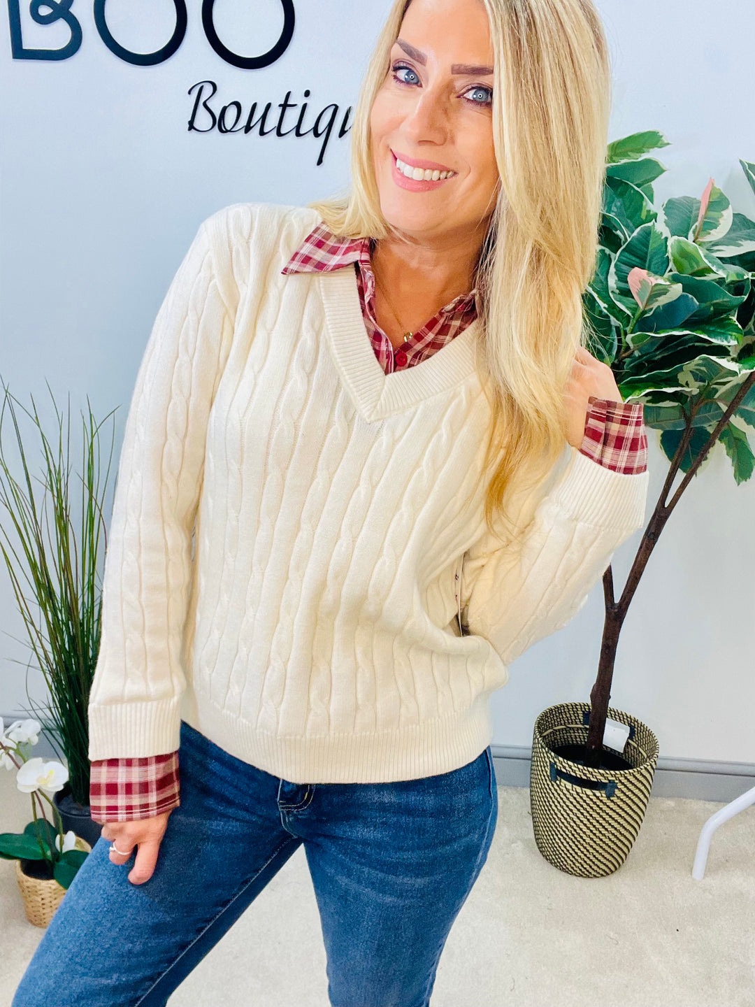 LADIES CABLE KNIT SHIRT JUMPER - CREAM & BROWN