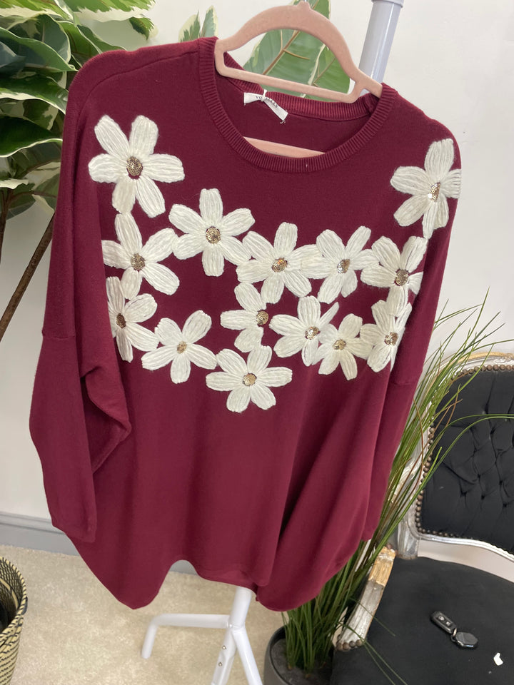 LADIES EMBROIDERED OVERSIZE LOOSE FIT JUMPER BERRY