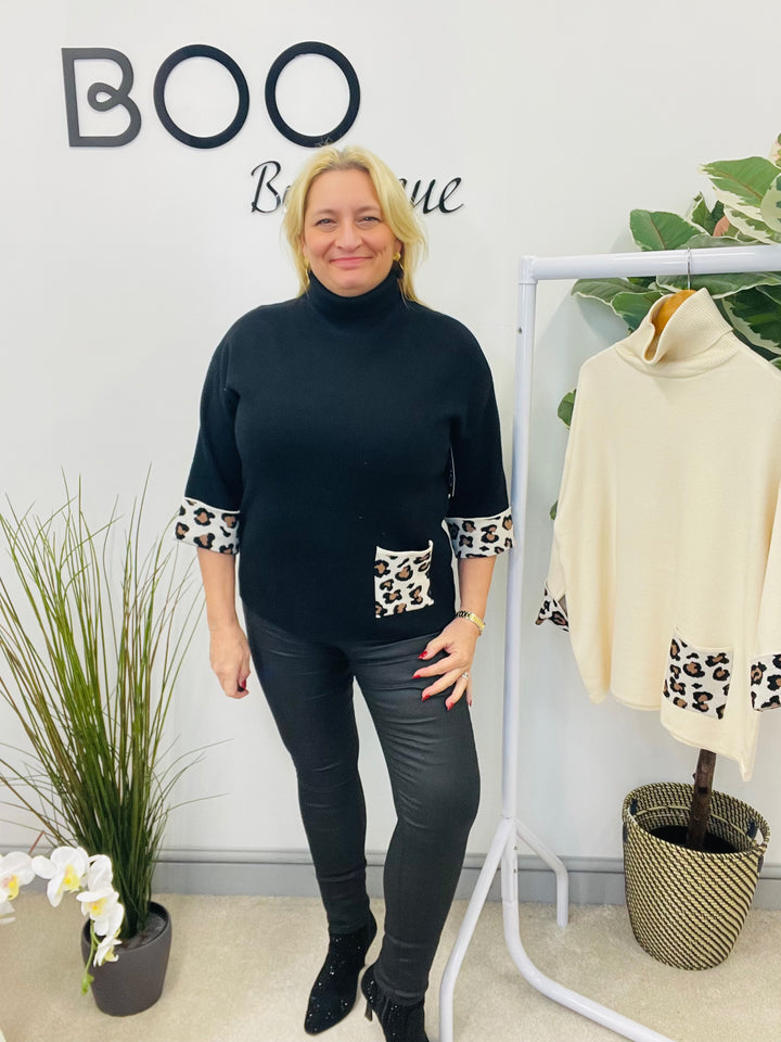 LADIES SOFT KNIT JUMPER WITH LEOPARD PRINT - BLACK & CREAM