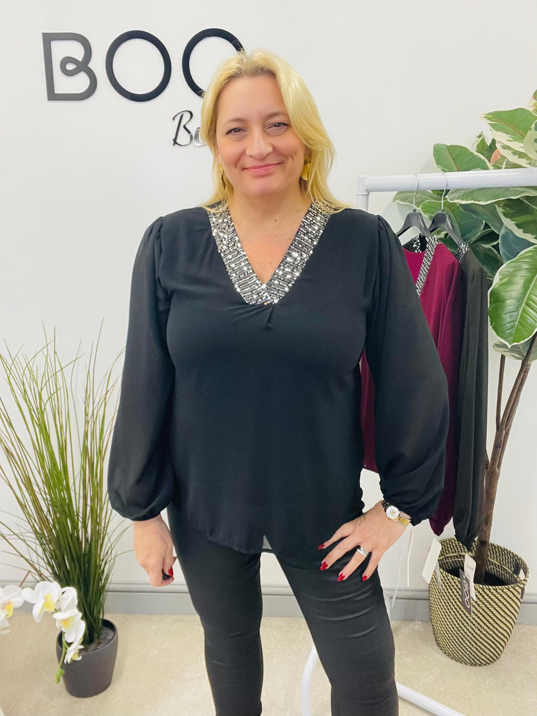 LADIES CHIFFON FLOATY SEQUIN PARTY TOP - BROWN, BLACK, BERRY