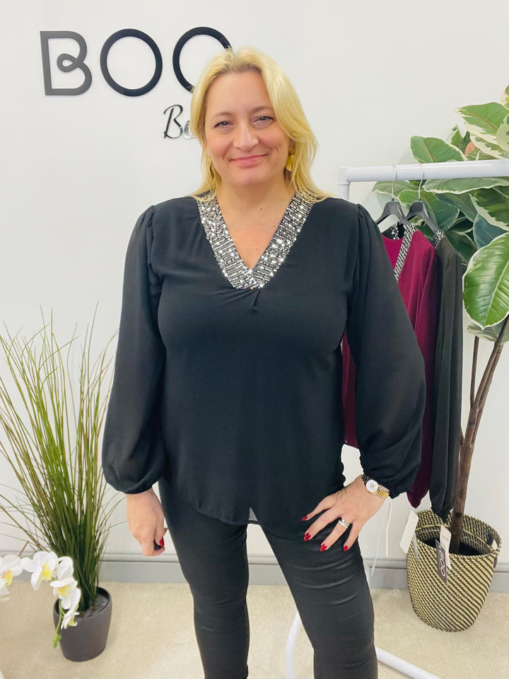 LADIES CHIFFON FLOATY SEQUIN PARTY TOP - BROWN, BLACK, BERRY