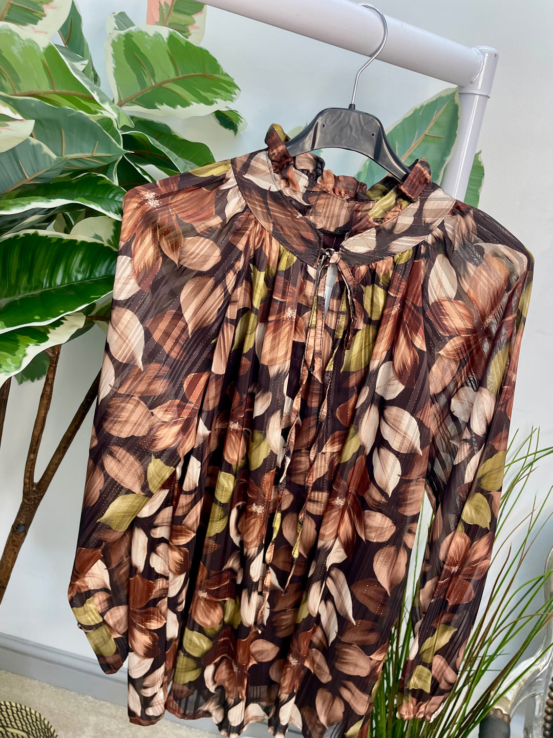 LADIES LEAF PRINT CHIFFON BLOUSE TOP - BROWN, BLACK & KHAKI