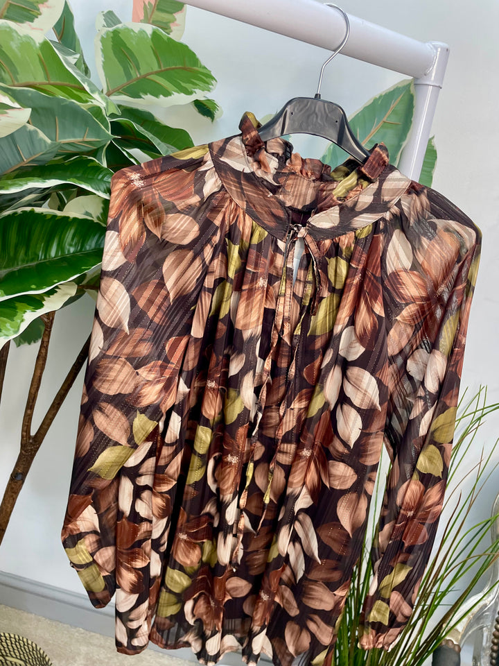 LADIES LEAF PRINT CHIFFON BLOUSE TOP - BROWN, BLACK & KHAKI