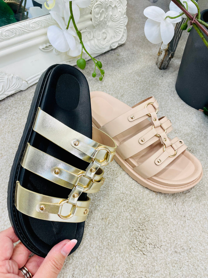 LADIES FLAT FOOTBED BUCKLE SLIDER SUMMER SANDALS - GOLD & NUDE