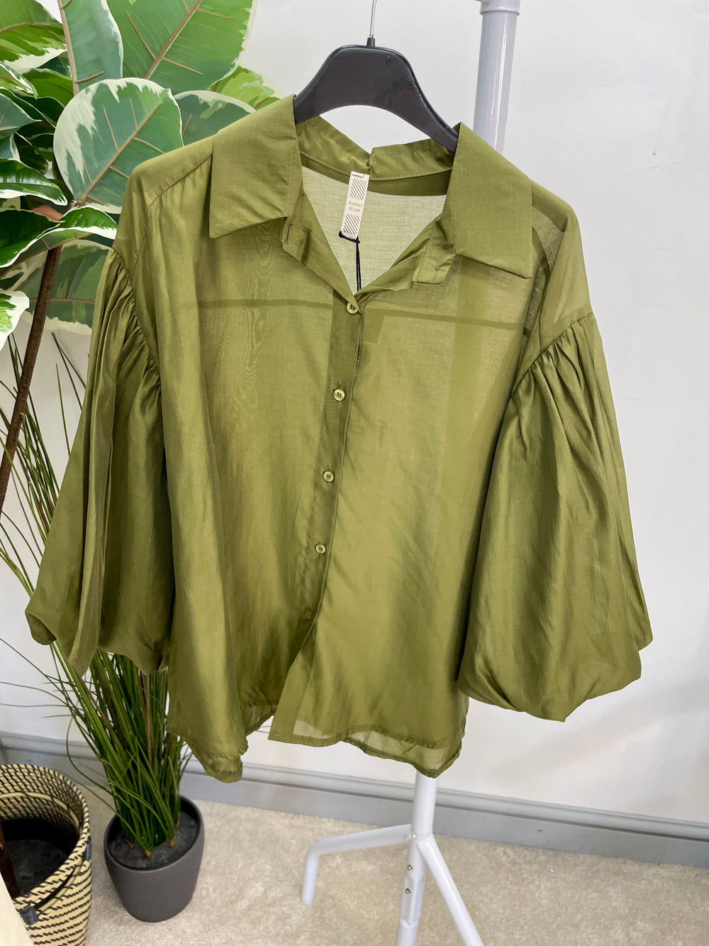 LADIES SHEER PUFF SLEEVE BLOUSE - OLIVE, BLACK, CREAM, TAUPE, WINE, BROWN