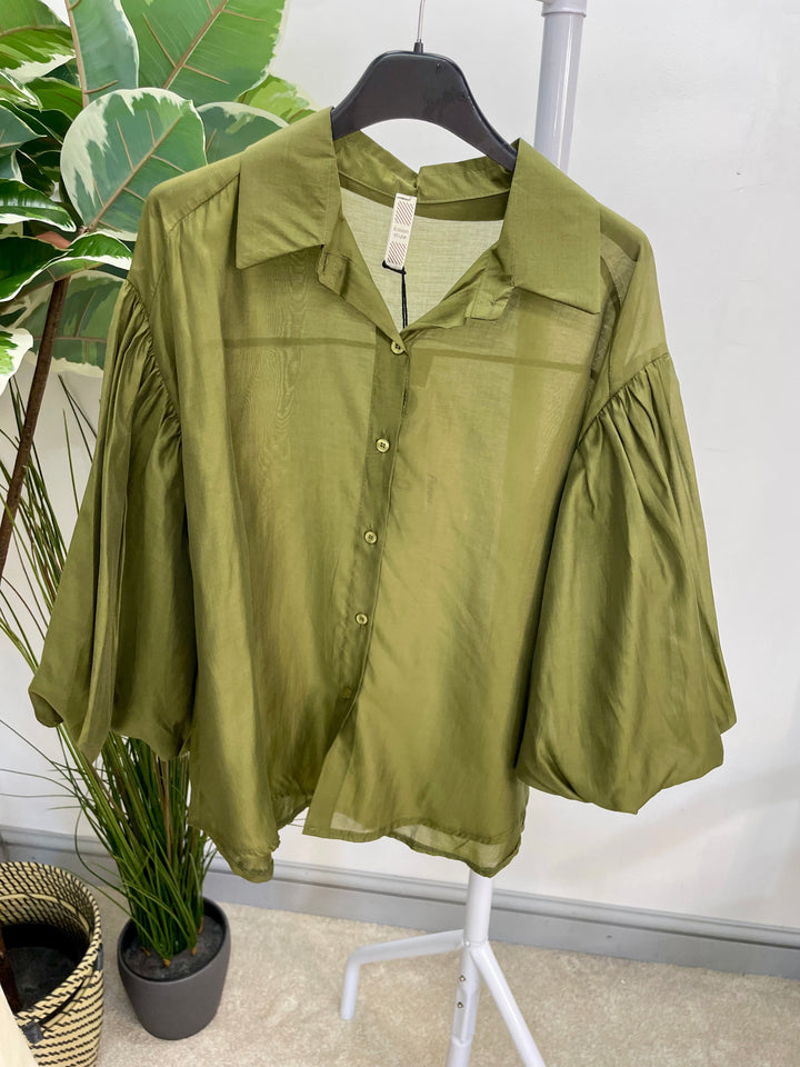LADIES SHEER PUFF SLEEVE BLOUSE - OLIVE, BLACK, CREAM, TAUPE, WINE, BROWN