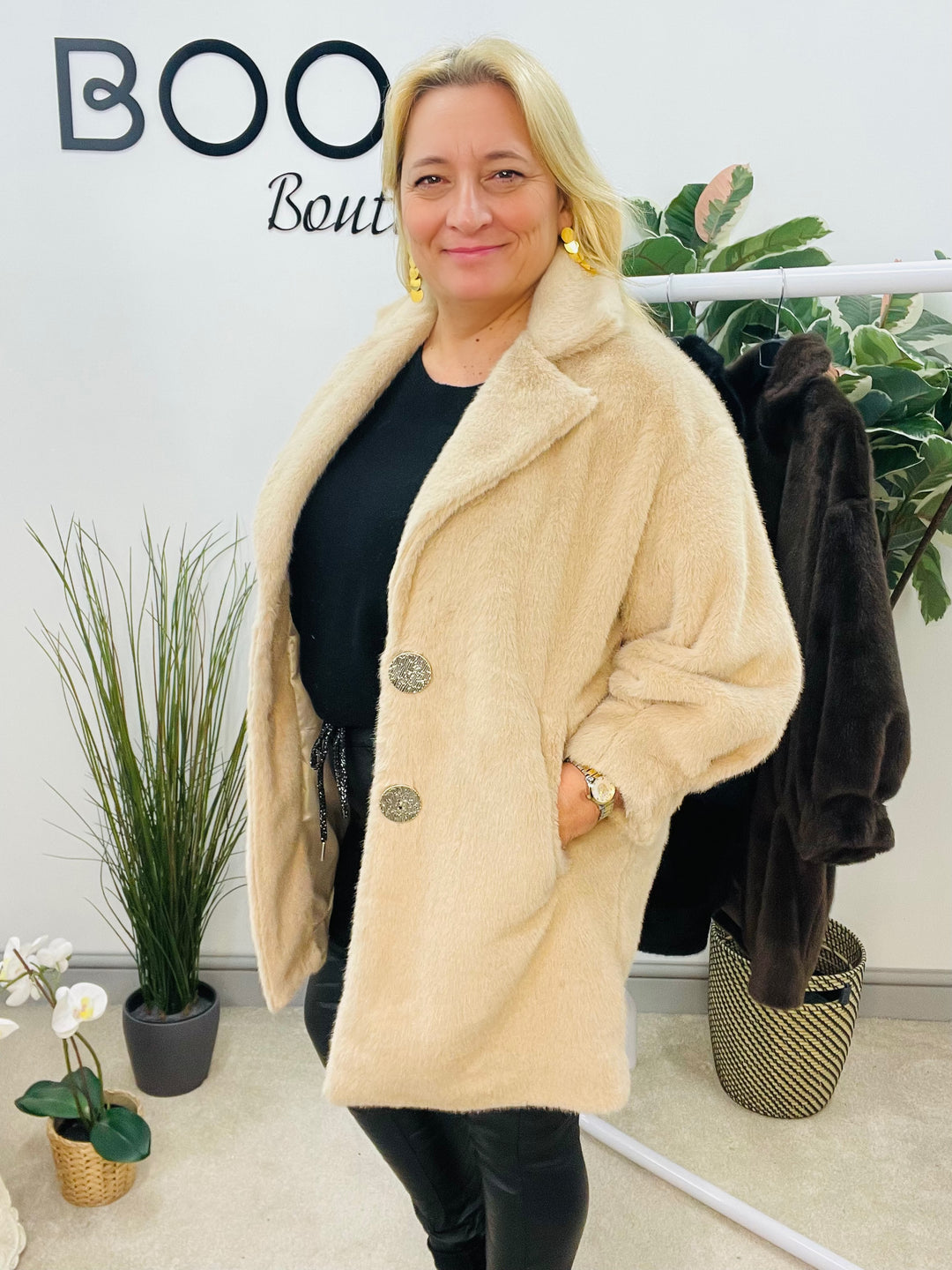 LADIES LUXURY FAUX FUR COAT JACKET - BLACK, BEIGE & BROWN