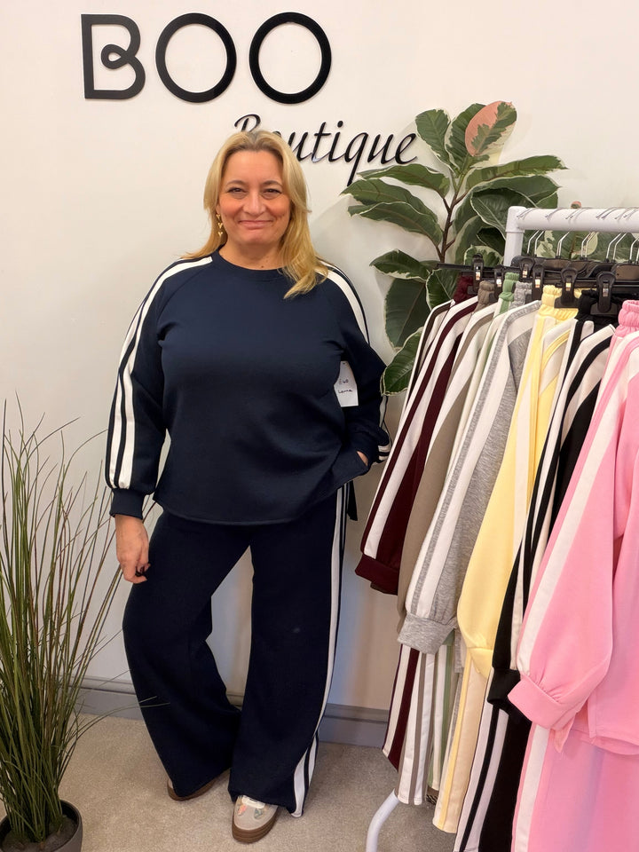 Ladies Fashion Wide Leg Tracksuit co ord set navy