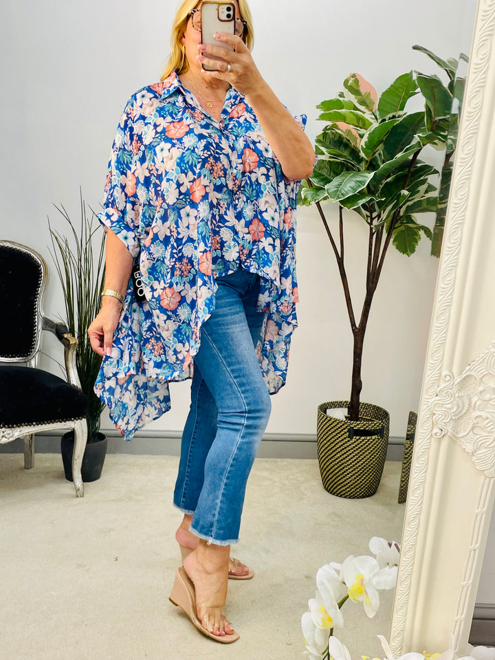 LADIES OVERSIZE BLUE & RED FLOWER PRINT FLOATY TOP