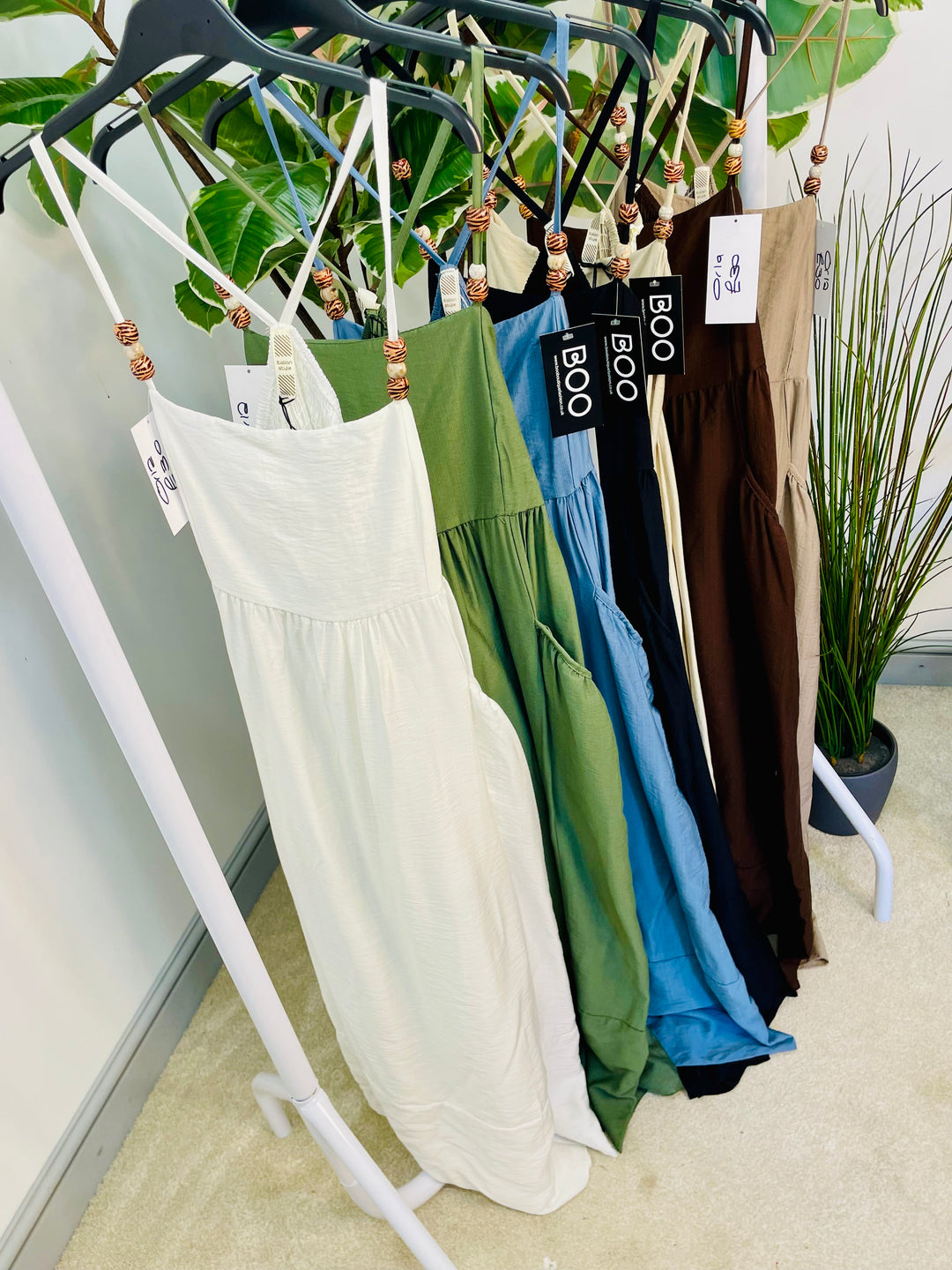LADIES SUMMER HOLIDAY MAXI DRESS - DENIM BLUE, WHITE, BROWN, BEIGE & BLACK
