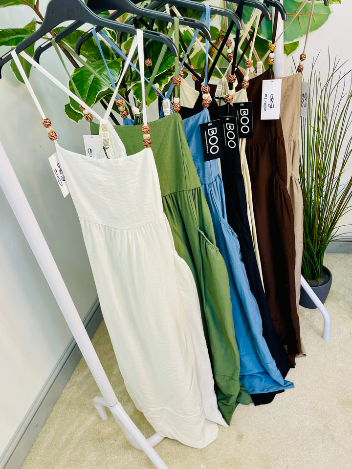 LADIES SUMMER HOLIDAY MAXI DRESS - DENIM BLUE, WHITE, BROWN, BEIGE & BLACK