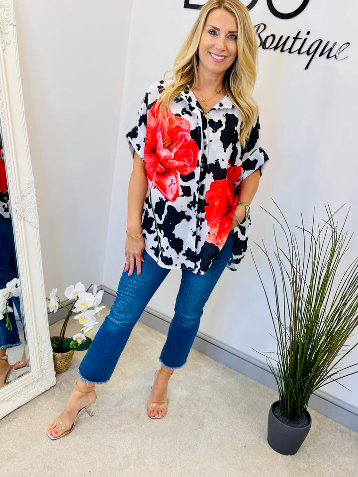 LADIES CREAM LINEN & RED POPPY PRINT OVERSIZE SUMMER SHIRT TOP