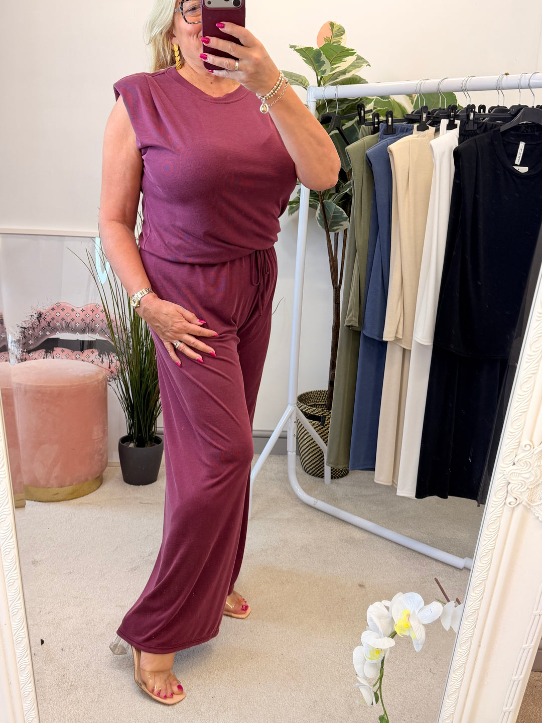 Ladies Stretch Non Crease Wide Leg Trouser Co Ord - Black, Beige, Khaki, Wine, Denim, White