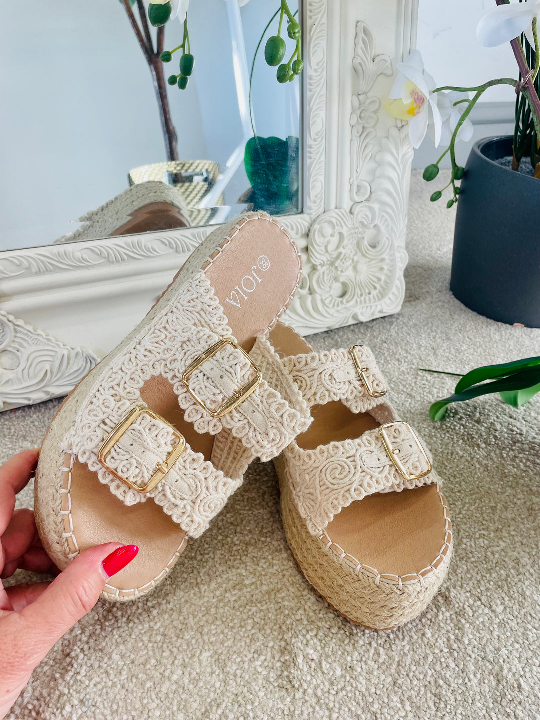 LADIES WOMENS CREAM CROCHET FLATFORM SUMMER SLIDER SANDALS
