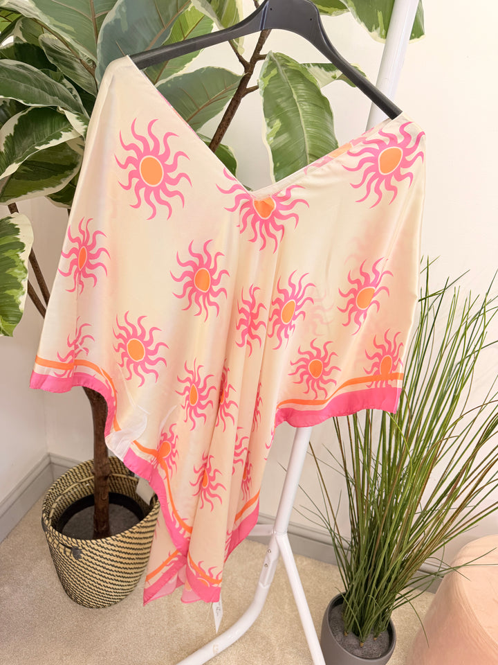 Ladies Fashion Silky Sun Print Kaftan Beach Cover Up Top 