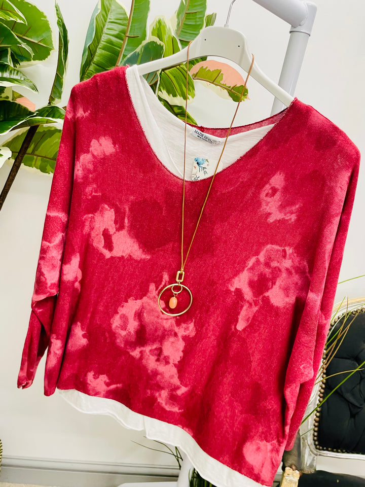LADIES TIE DYE DOUBLE LAYER TOP - NAVY, BURGUNDY & KHAKI
