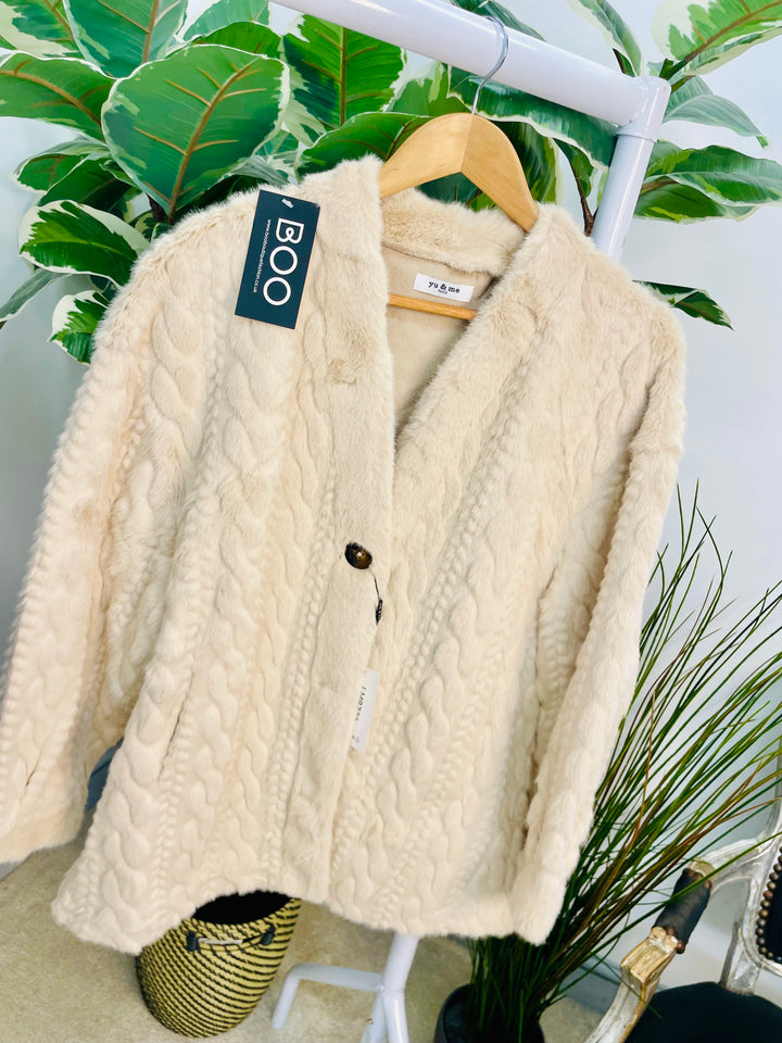 LADIES FASHION CABLE FAUX FUR JACKET - BEIGE, BROWN & BLACK