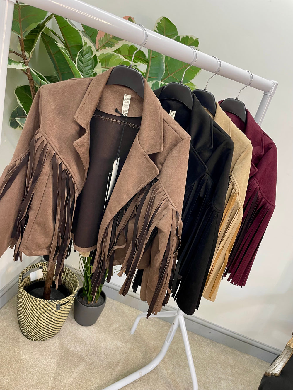 LADIES FAUX SUEDE FRINGED COWBOY BOLERO JACKET - WINE, BLACK, BEIGE & BROWN