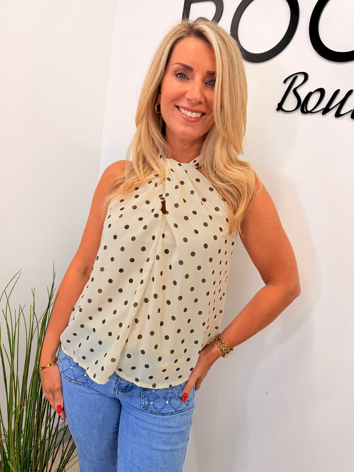 Ladies Fashion Polka Dot High Neck Top cream