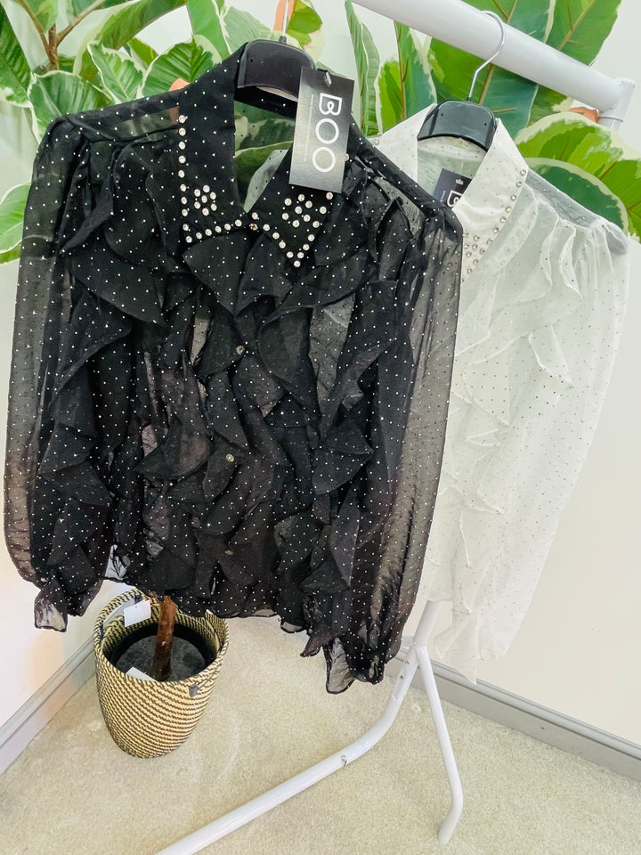 LADIES WOMENS SHEER DIAMANTE JEWELLED BLOUSE SHIRT - BLACK & WHITE