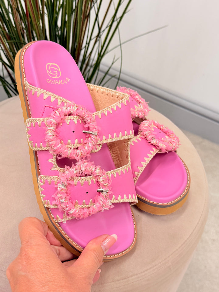 Ladies Fashion Buckle Comfy Moulded Footbed Slider Sandals fuschia pink