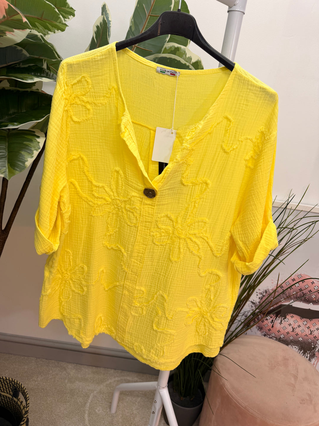 Ladies Fashion Cheesecloth Grandad Top - lemon, white, pink, navy