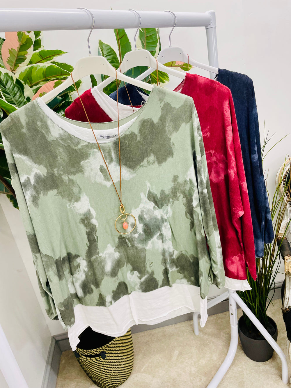 LADIES TIE DYE DOUBLE LAYER TOP - NAVY, BURGUNDY & KHAKI