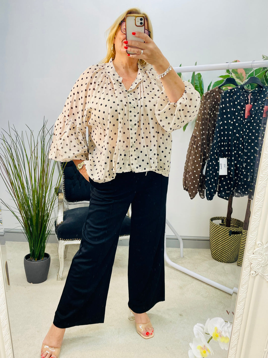LADIES POLKA DOT LOOSE FIT BLOUSE TOP - BEIGE, BLACK & BROWN