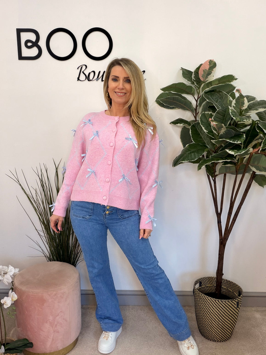 Ladies Fashion Soft Knit Satin Bow Cardigan - blue & pink