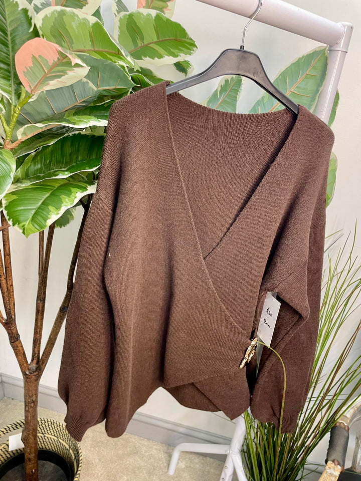 LADIES KNIT CROSS OVER JUMPER - WHITE, BEIGE, BROWN & BLACK