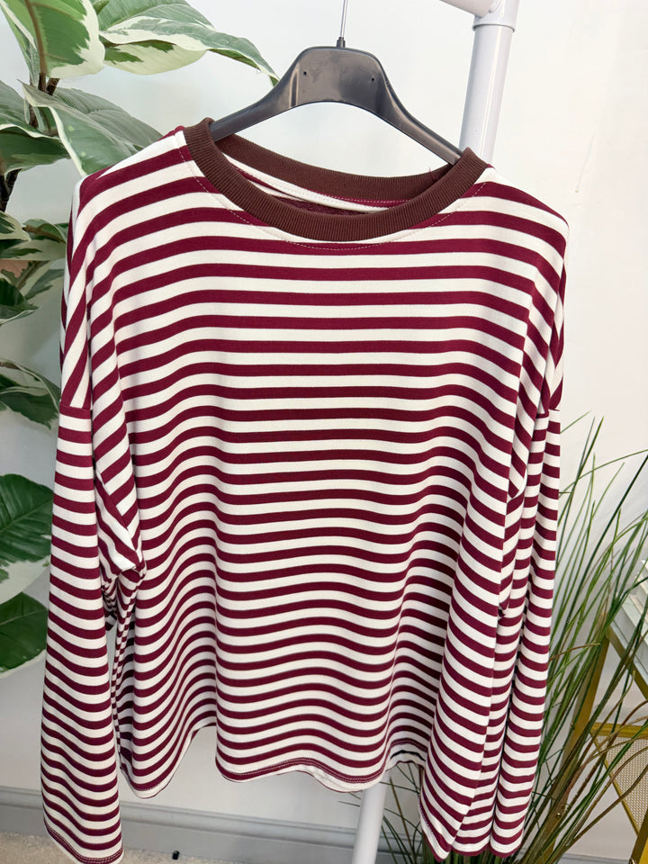 Women’s Stripe Long Sleeve Slouch Top - Wine, Navy, Pink, Brown