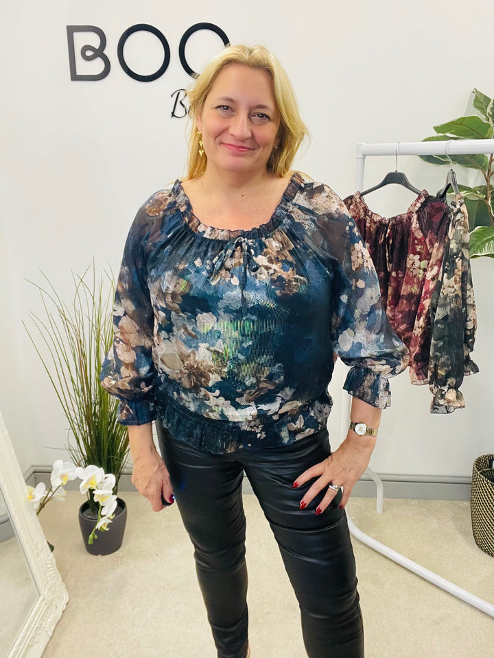 LADIES CHIFFON BARDOT GOING OUT TOP - BURGUNDY, NAVY, BLACK