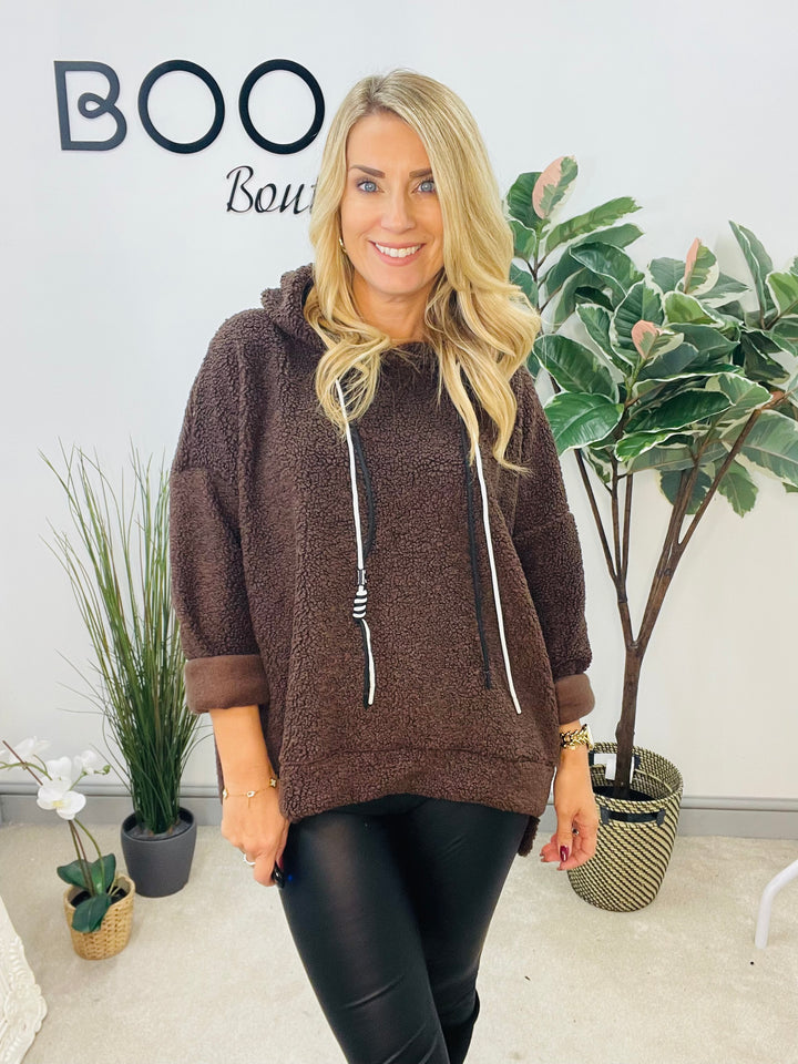 LADIES BOUCLE HOODIE TOP - BLACK, WHITE, CAMEL & BROWN