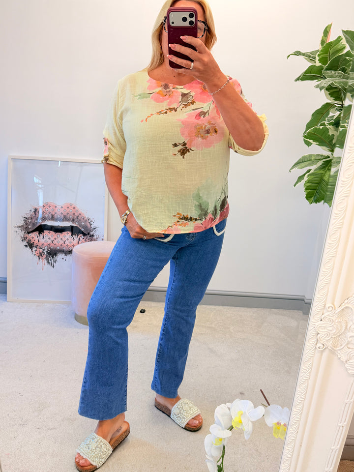 Ladies Fashion Flower Print Light Linen Top - White, Pink & Lemon