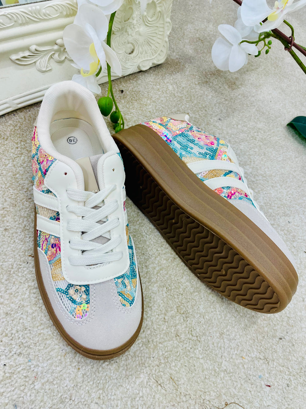 LADIES WOMENS FASHION WHITE COLOURED SEQUIN FLATFORM TRAINERS