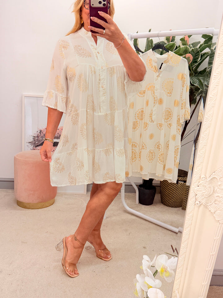 Ladies Fashion Cream Boho Swing Smock Mini Dress